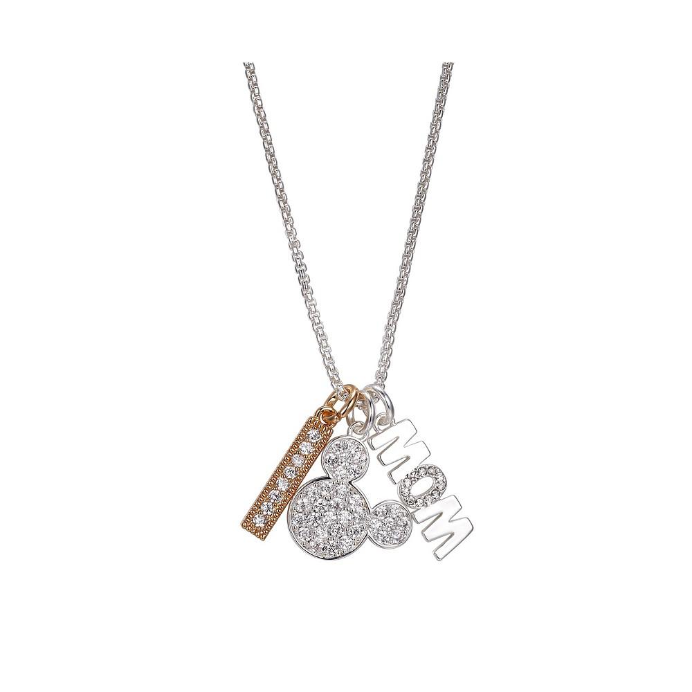 Silver Plated Mickey Mouse "Mom" and Clear Crystal Bar Charm Necklace, 16"+2" Extender商品第1张图片规格展示