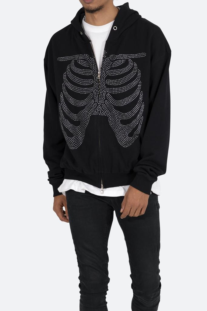 Rhinestone Skeleton Zip Up Hoodie - Black商品第2张图片规格展示