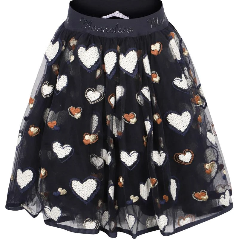 商品MONNALISA|Embroidered love hearts logo mesh skirt in navy,价格¥2045,第1张图片