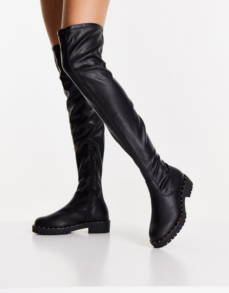 商品ASOS|ASOS DESIGN Petite Kally flat over the knee boots in black,价格¥166,第1张图片