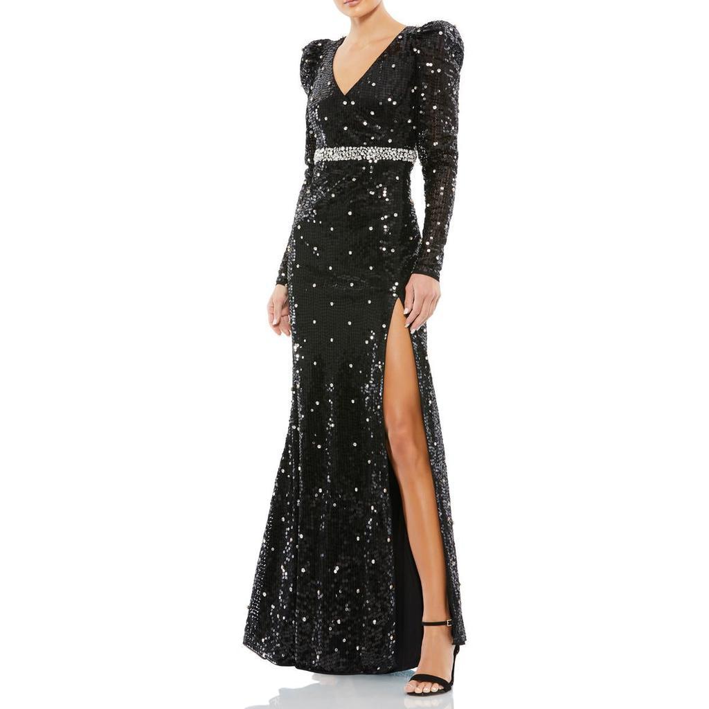 商品Mac Duggal|Mac Duggal Women's Sequined Puff Sleeve V-Neck High Slit Gown,价格¥2125,第1张图片