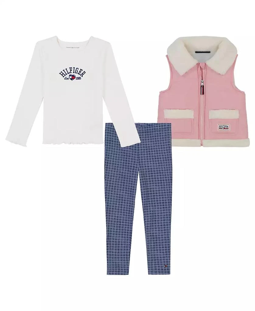 商品Tommy Hilfiger|Toddler and Little Girls Long Sleeve Ribbed Logo Tee, Sherpa Vest and Leggings, 3 Piece Set,价格¥268,第1张图片