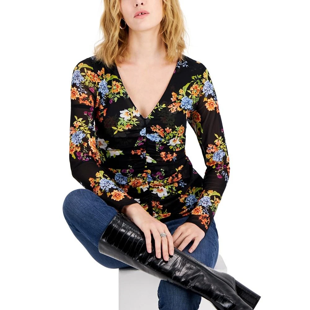 商品INC International|Women's Floral-Print Ruched-Center V-Neck Mesh Top, Created for Macy's,价格¥60,第3张图片详细描述