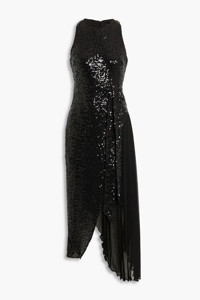 商品Badgley Mischka|Asymmetric crepe de chine-paneled sequined tulle midi dress,价格¥2686,第1张图片