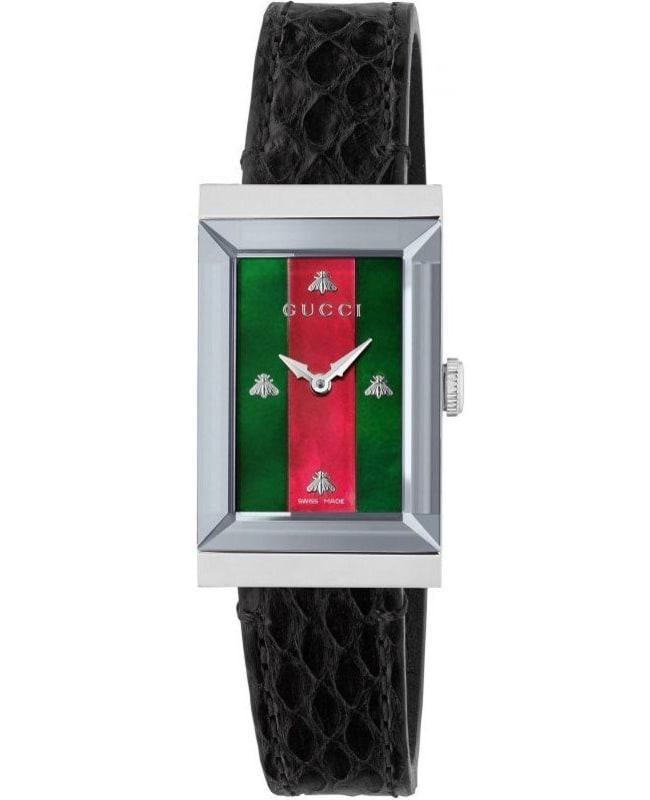 商品Gucci|Gucci G-Frame Red and Green Mother of Pearl Dial Black Leather Strap Women's Watch YA147403,价格¥7192,第1张图片