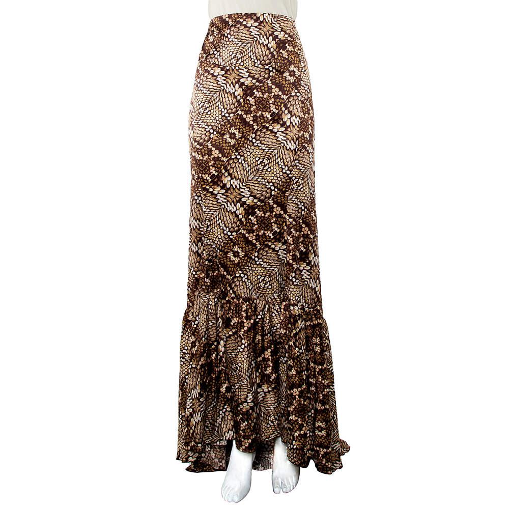 Just Cavalli Brown Snake Print Silk Satin Flared Asymmetrical Hem Maxi Skirt L商品第1张图片规格展示