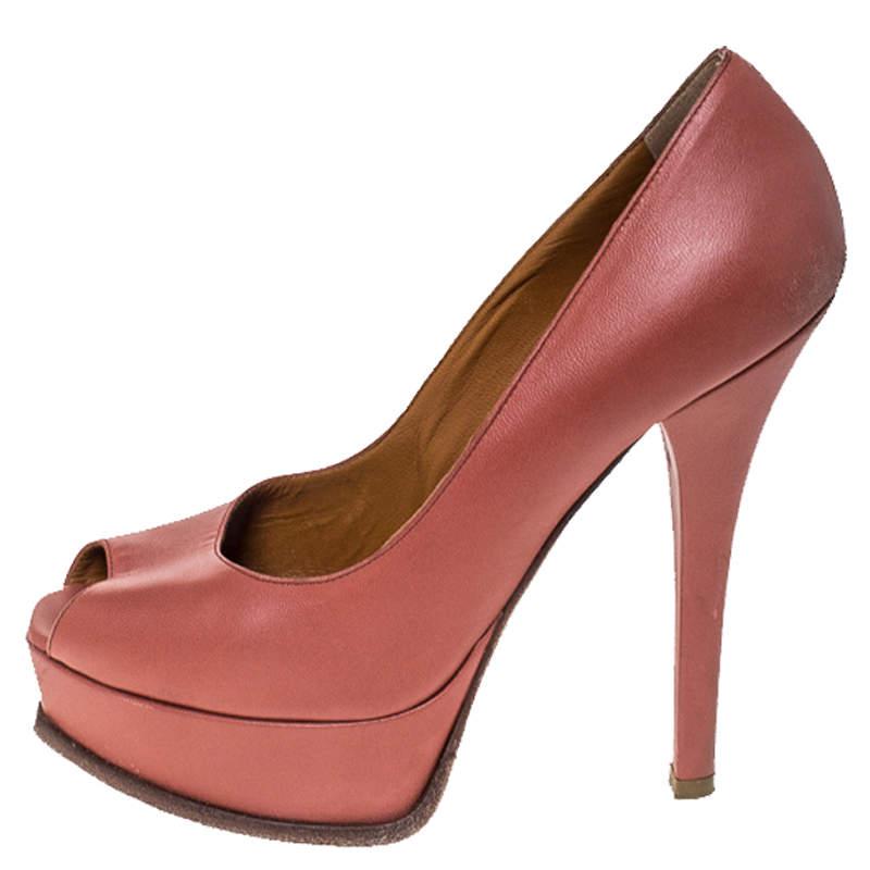 Fendi Coral Pink Leather Fendista Peep Toe Platform Pumps Size 38商品第2张图片规格展示
