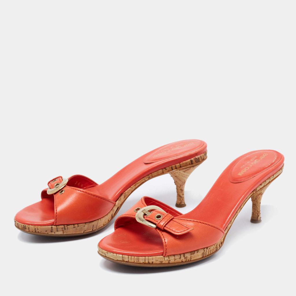 Sergio Rossi Orange Leather Buckle Detail Cork Heel Slide Sandals Size 36.5商品第2张图片规格展示