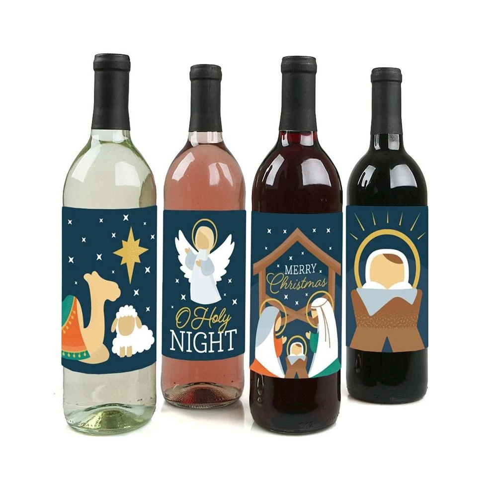 商品Big Dot of Happiness|Holy Nativity - Manger Scene Religious Christmas Wine Bottle Label Stickers 4 Ct,价格¥82,第1张图片