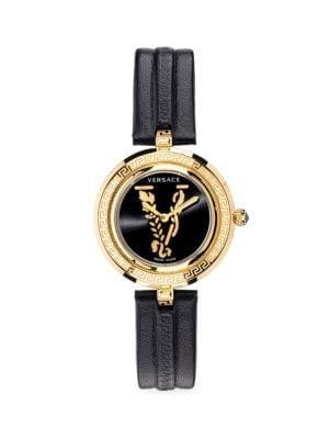 商品Versace|43MM Goldtone Stainless Steel & Leather Strap Watch,价格¥3669,第1张图片