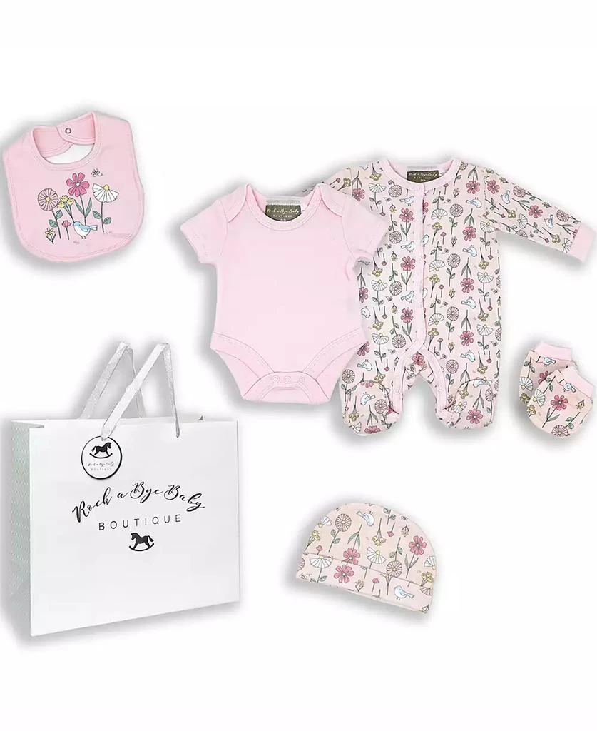 商品Rock-A-Bye Baby Boutique|Baby Girls Birdy Floral Layette Gift in Mesh Bag, 5 Piece Set,价格¥225,第1张图片