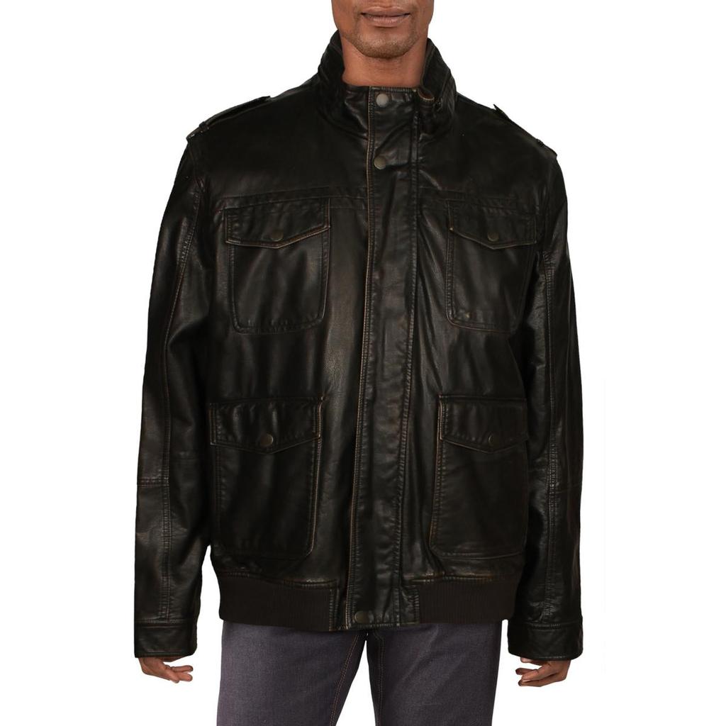 Tommy Hilfiger Mens Faux Leather Ribbed Trim Bomber Jacket商品第1张图片规格展示