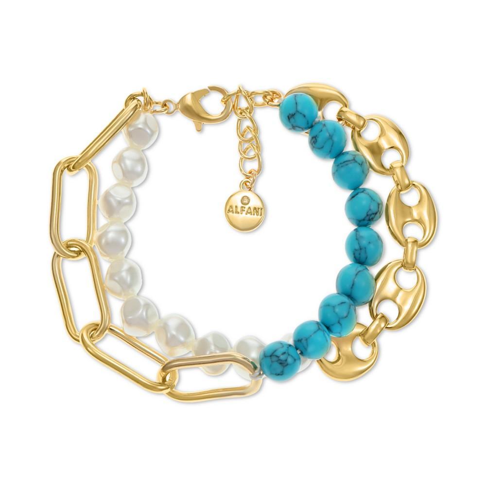商品Alfani|Gold-Tone Stone & Imitation Pearl Beaded Mixed Chain Double-Row Flex Bracelet, Created for Macy's,价格¥162,第1张图片