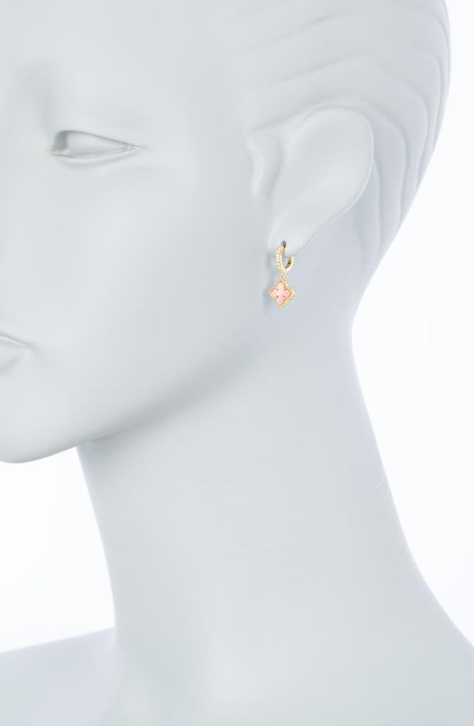 14K Gold Plated Pave Swarovski Crystal Huggie Pink Mother-of-Pearl Quatrefoil Drop Earrings Set商品第2张图片规格展示