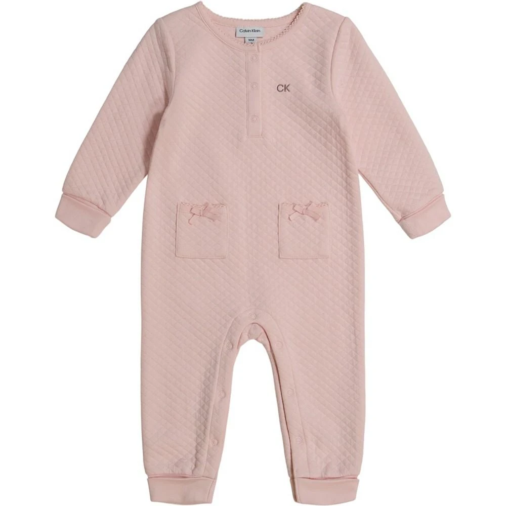 商品Calvin Klein|Baby Girls One Piece Quilted Double-Knit Henley Coverall,价格¥112,第1张图片