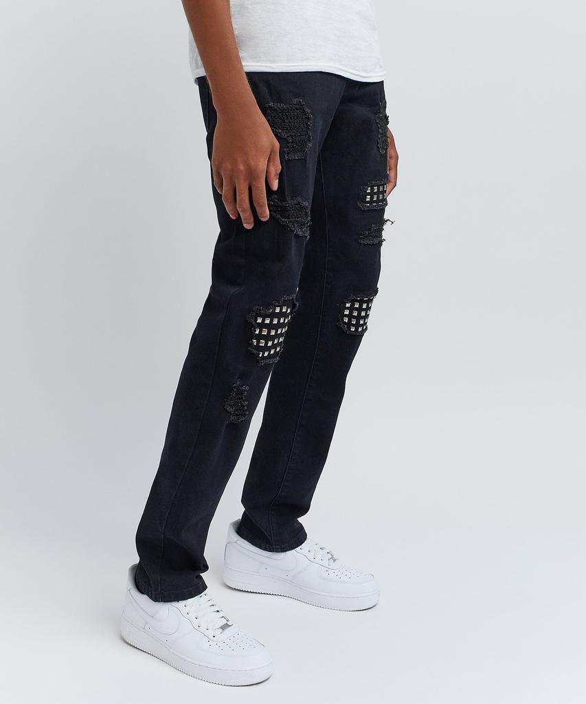 Jace Studded Rip And Repair Slim Fit Black Denim Jeans商品第3张图片规格展示