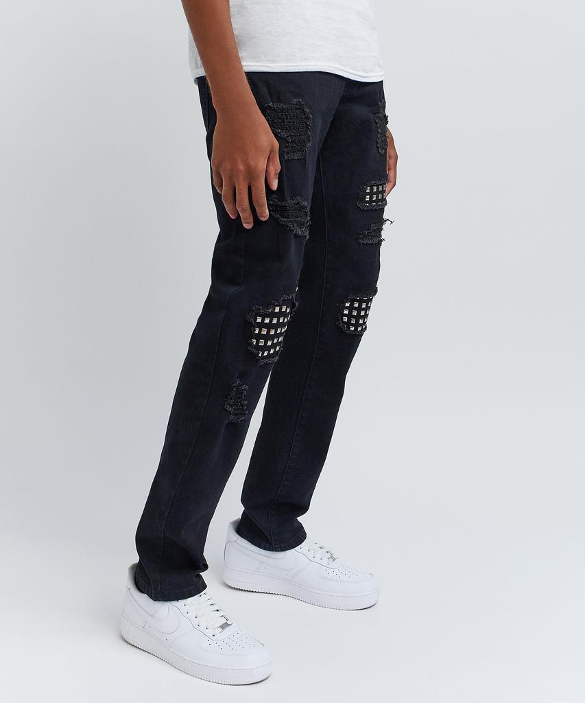 商品Reason Clothing|Jace Studded Rip And Repair Slim Fit Black Denim Jeans,价格¥363,第5张图片详细描述