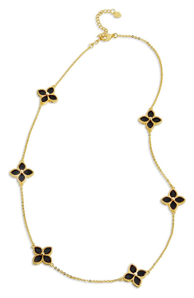 Yellow Gold Vermeil Onyx Flower Station Necklace商品第1张图片规格展示