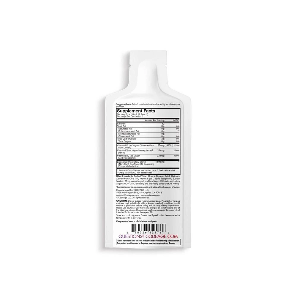 商品Codeage|Liposomal Wonder-D Sachet Multivitamin, Vegan Vitamin D3 K2 B12 Liquid Supplement, 30 Pouches - White - 30 Pouches,价格¥299,第3张图片详细描述