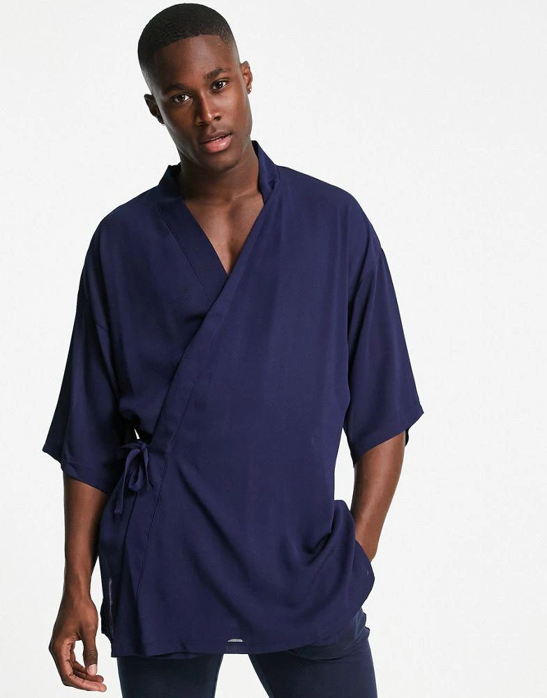 商品ASOS|ASOS DESIGN co-ord short lightweight dressing gown with tie side in navy,价格¥174,第1张图片