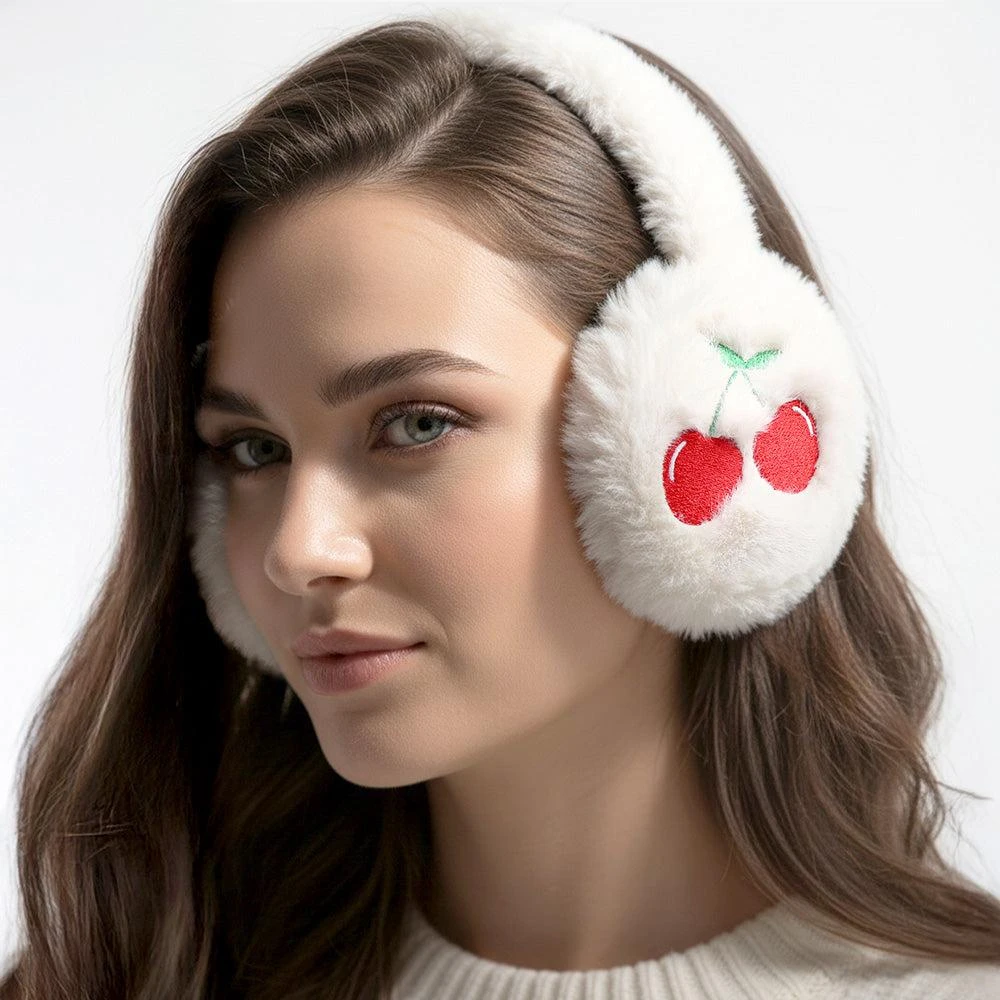 商品FASHNZFAB|Faux Fur Plush Cherry Embroidered Earmuffs,价格¥177,第1张图片