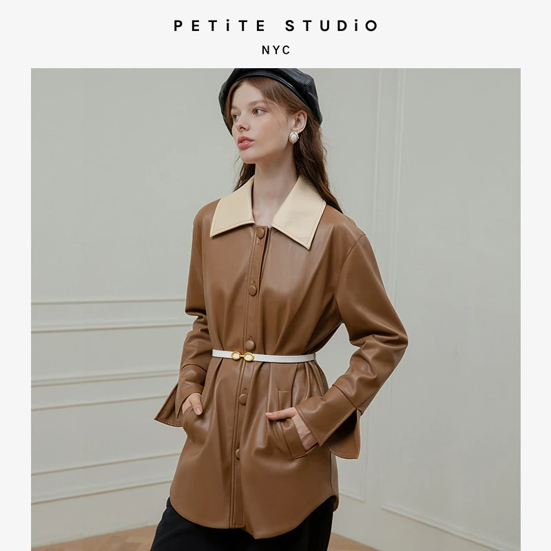 Sienna摩卡棕翻领拼色结构感纯素皮革外套 | Sienna Vegan Leather Jacket - Mocha 商品