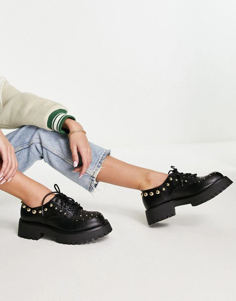 商品ASOS|ASOS DESIGN Multiple studded chunky lace up flat shoes in black,价格¥165,第3张图片详细描述