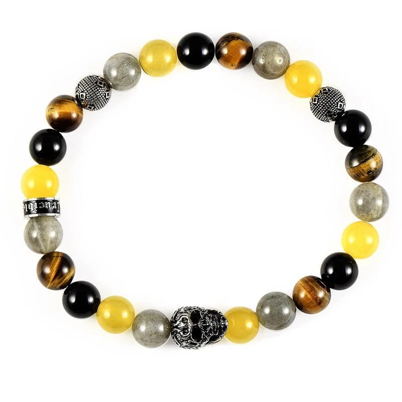 商品Crucible Jewelry|Crucible Los Angeles Single Skull Stretch Bracelet with 8mm Polished Black Onyx, Labradorite, Yellow Jade and Tiger Eye Beads,价格¥262,第3张图片详细描述