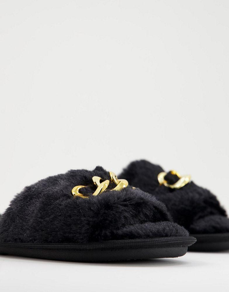 Truffle Collection chain detail fur slippers in black商品第2张图片规格展示
