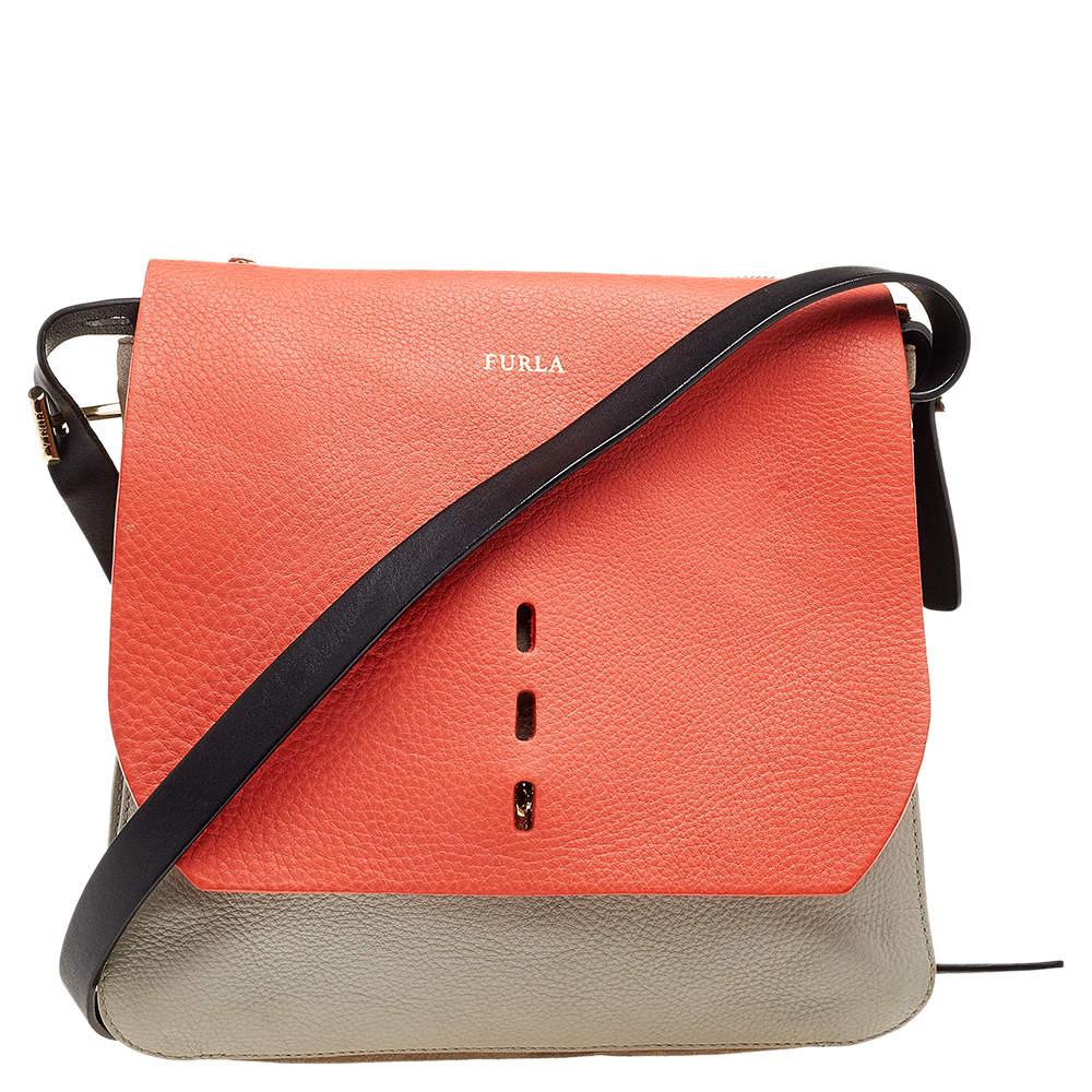 Furla Orange/Grey Leather And Suede Flap Shoulder Bag商品第1张图片规格展示