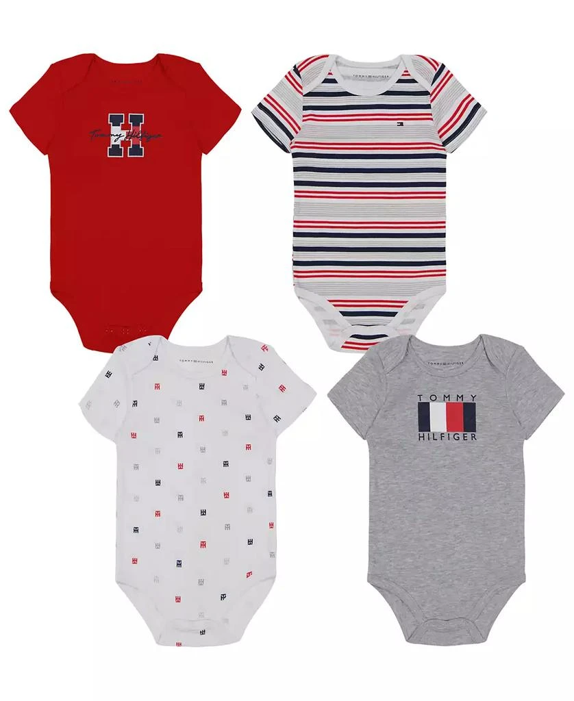 商品Tommy Hilfiger|Baby Boys Signature Short Sleeve Bodysuits, Pack of 4,价格¥192,第1张图片