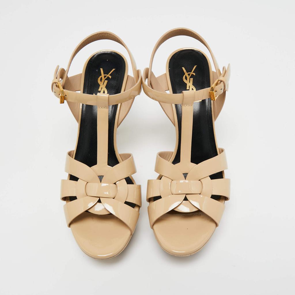 商品[二手商品] Yves Saint Laurent|Saint Laurent Beige Patent Leather Tribute Platform Sandals Size 38,价格¥3232,第5张图片详细描述