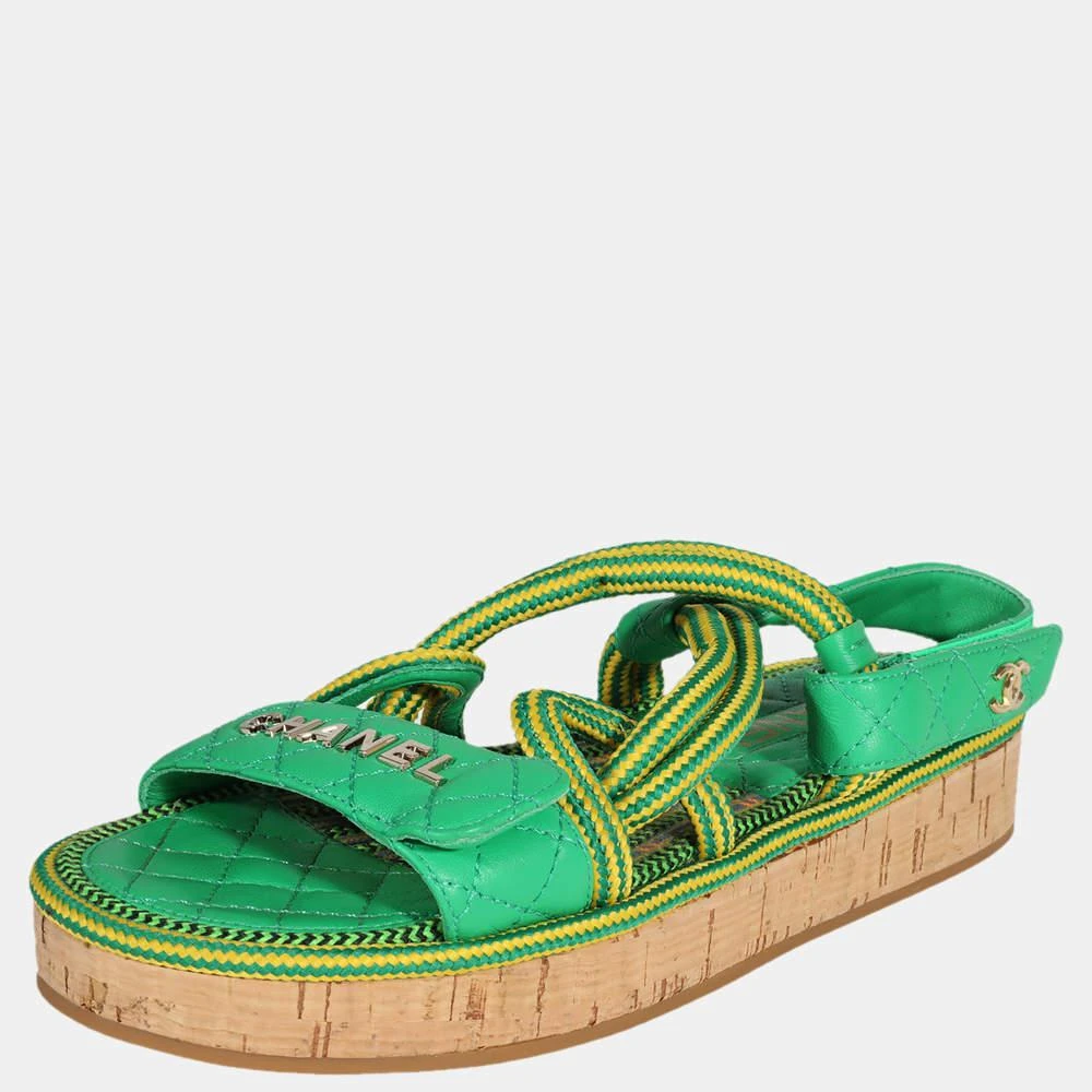 商品[二手商品] Chanel|Chanel Green/Yellow Cord & Lambskin Sandals EU 36,价格¥6791,第2张图片详细描述