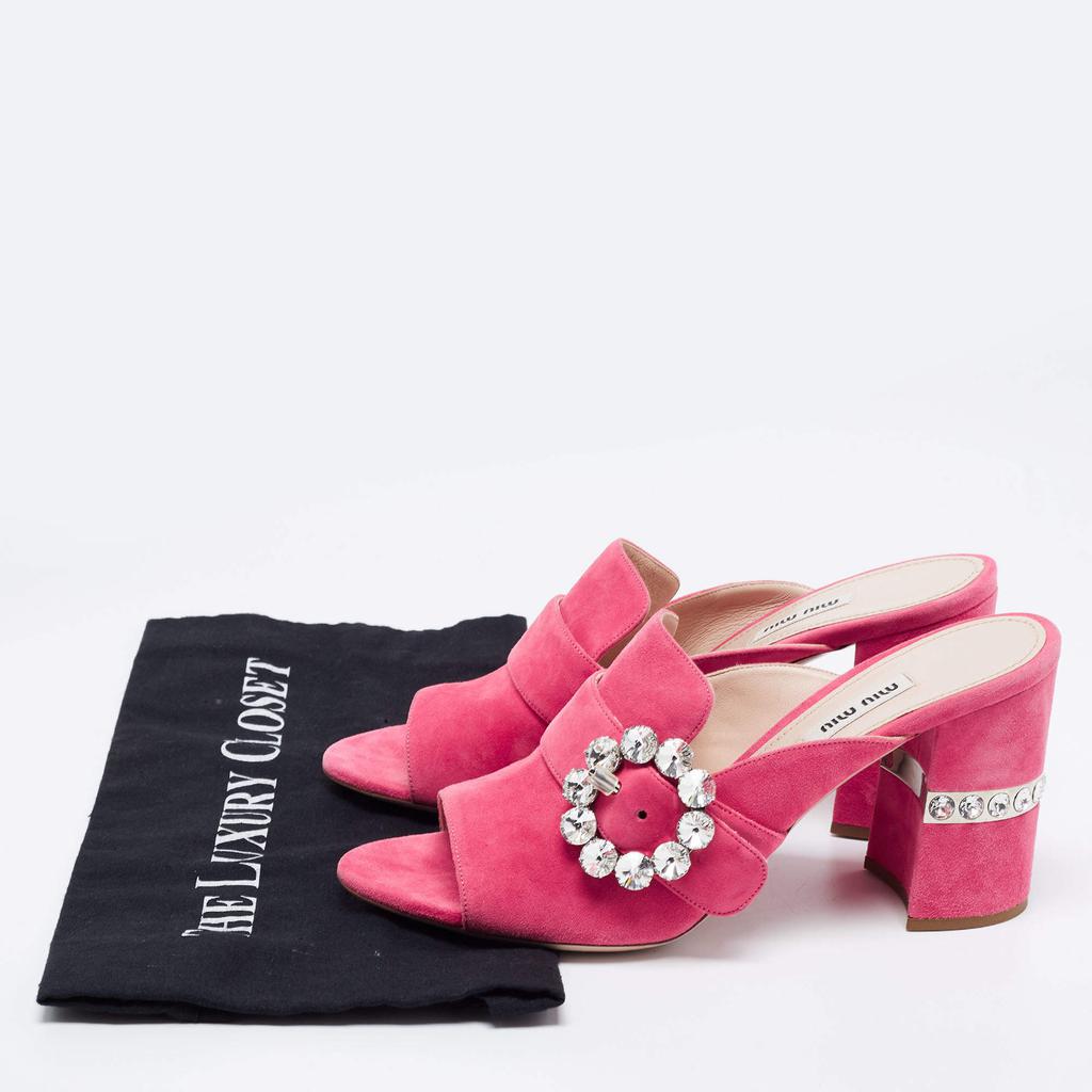 Miu Miu Pink Suede Crystals Embellished Slide Sandals Size 37商品第9张图片规格展示
