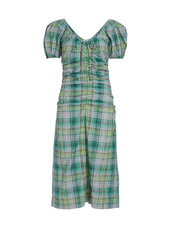 商品Ganni|Plaid Puff Sleeve Midi Dress,价格¥988,第5张图片详细描述