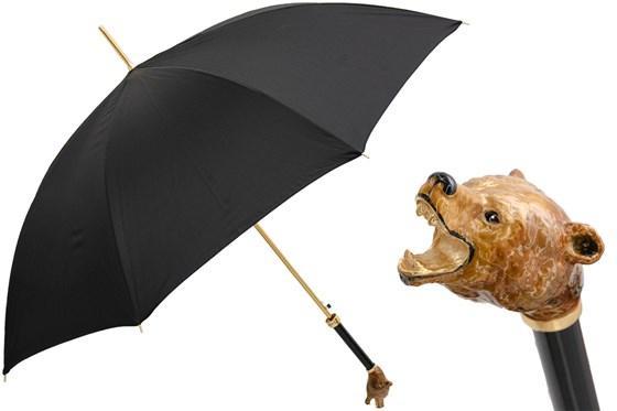 商品Pasotti Umbrellas|Pasotti 葩莎帝 黑色伞面珐琅棕熊手柄男士直柄晴雨伞,价格¥2130,第1张图片