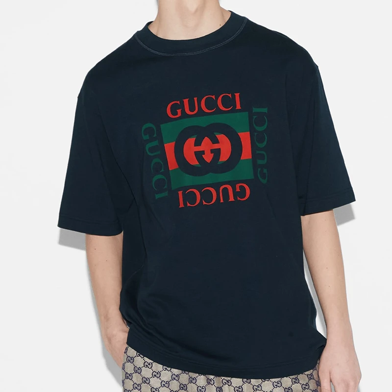 GUCCI/古驰24新款 男士海军蓝棉质圆领落肩双G印花T恤 商品