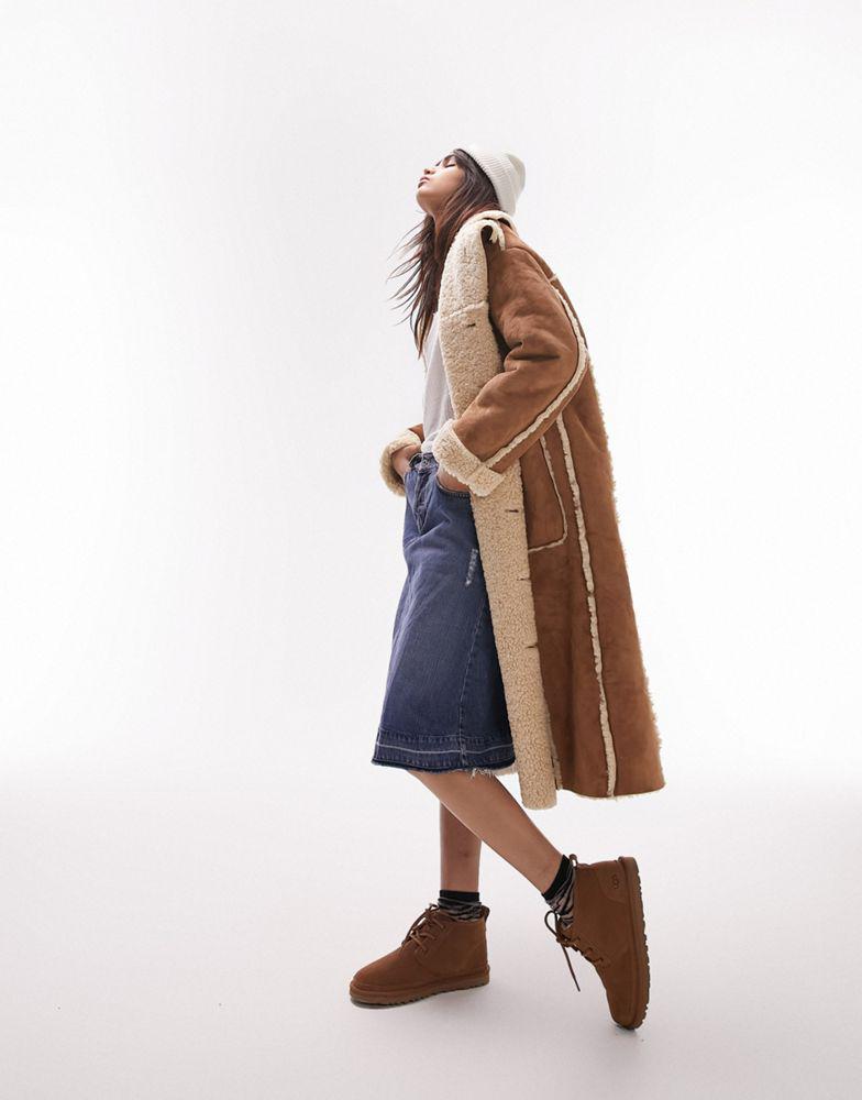 Topshop faux shearling longline reversible coat in tan and cream商品第2张图片规格展示