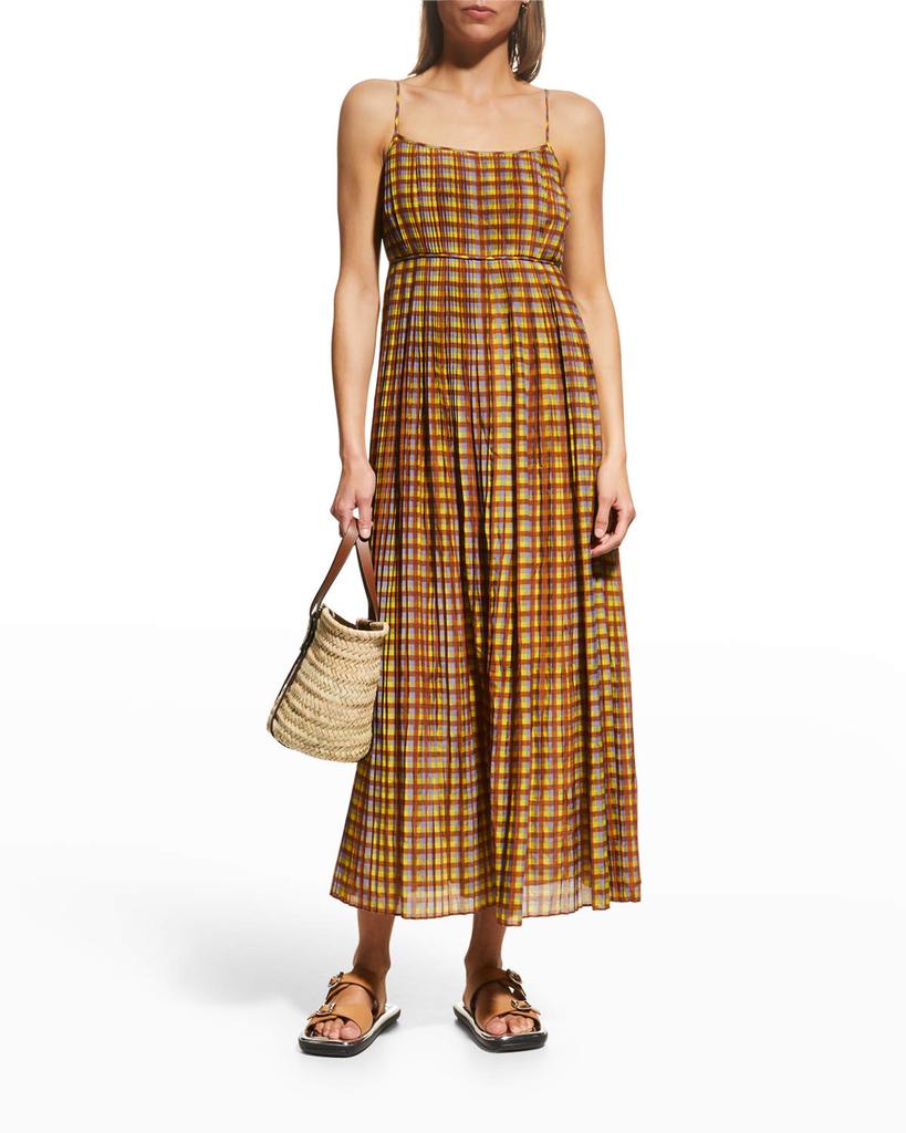 Skinny Strap Pleated Plaid Midi Dress商品第1张图片规格展示