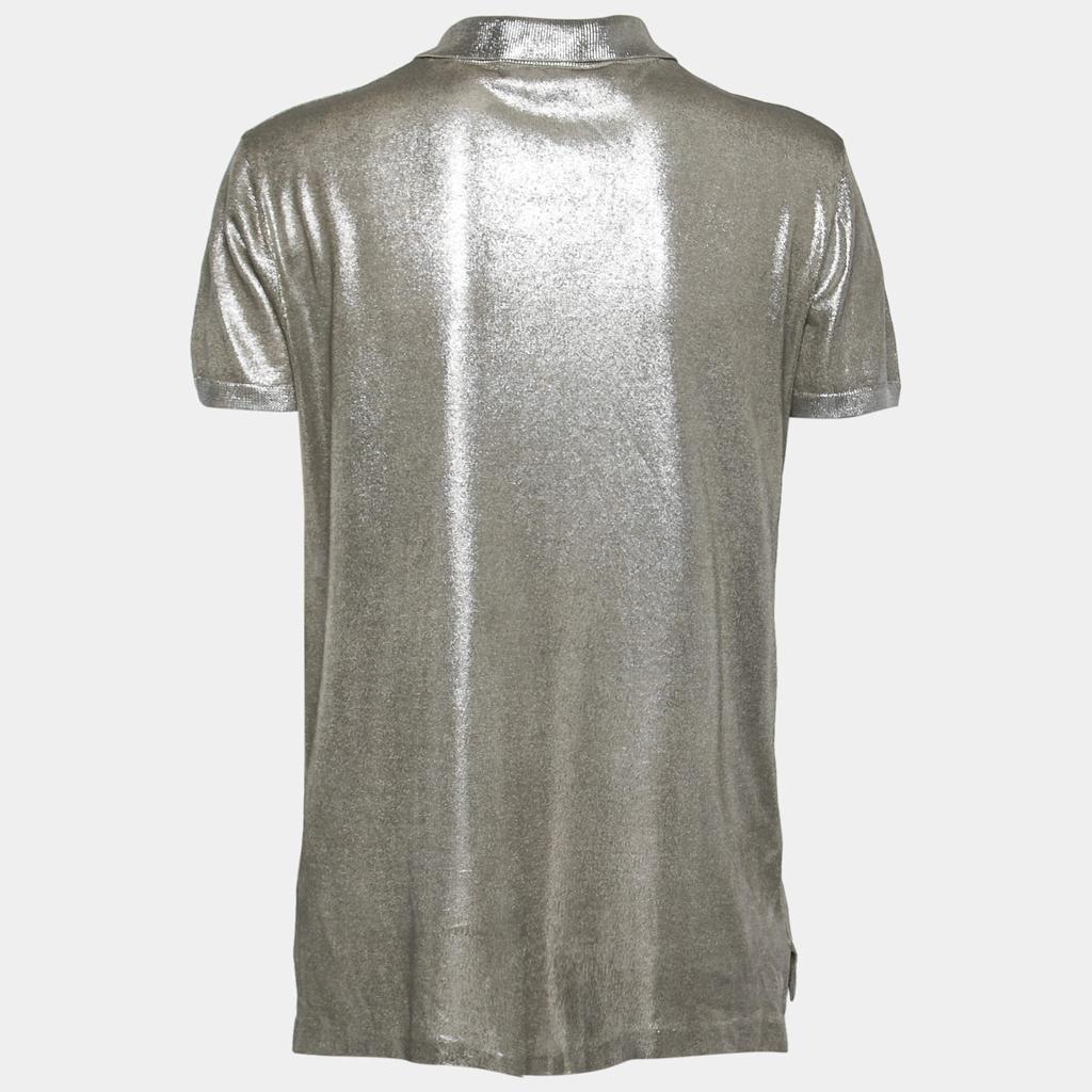 商品[二手商品] Ralph Lauren|Ralph Lauren Purple Label Silver Metallic Silk-Knit Polo T-Shirt M,价格¥1285,第4张图片详细描述