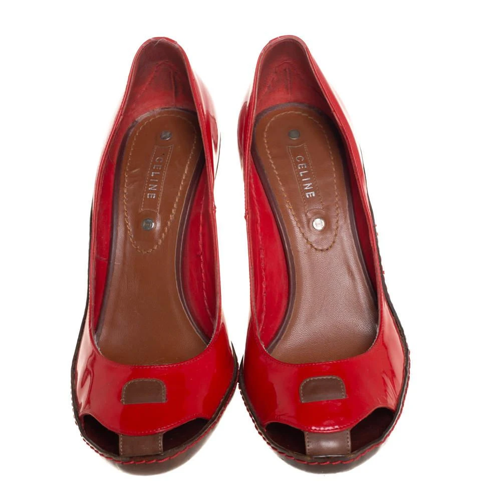 商品[二手商品] Celine|Celine Red/Brown Leather and Patent Leather Pick Toe Pumps Size 39,价格¥1228,第3张图片详细描述