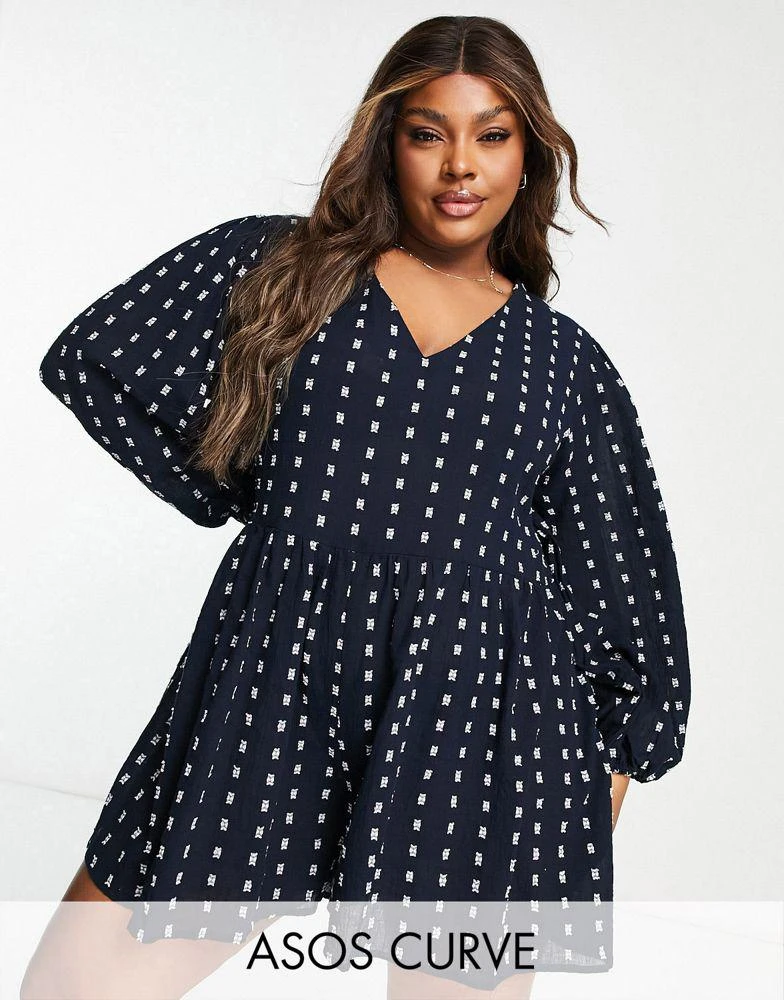 商品ASOS|ASOS DESIGN Curve puff sleeve smock playsuit in textured navy,价格¥281,第1张图片