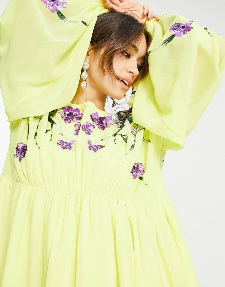 商品ASOS|ASOS EDITION blouson sleeve mini dress with embroidered bodice in yellow,价格¥488,第3张图片详细描述