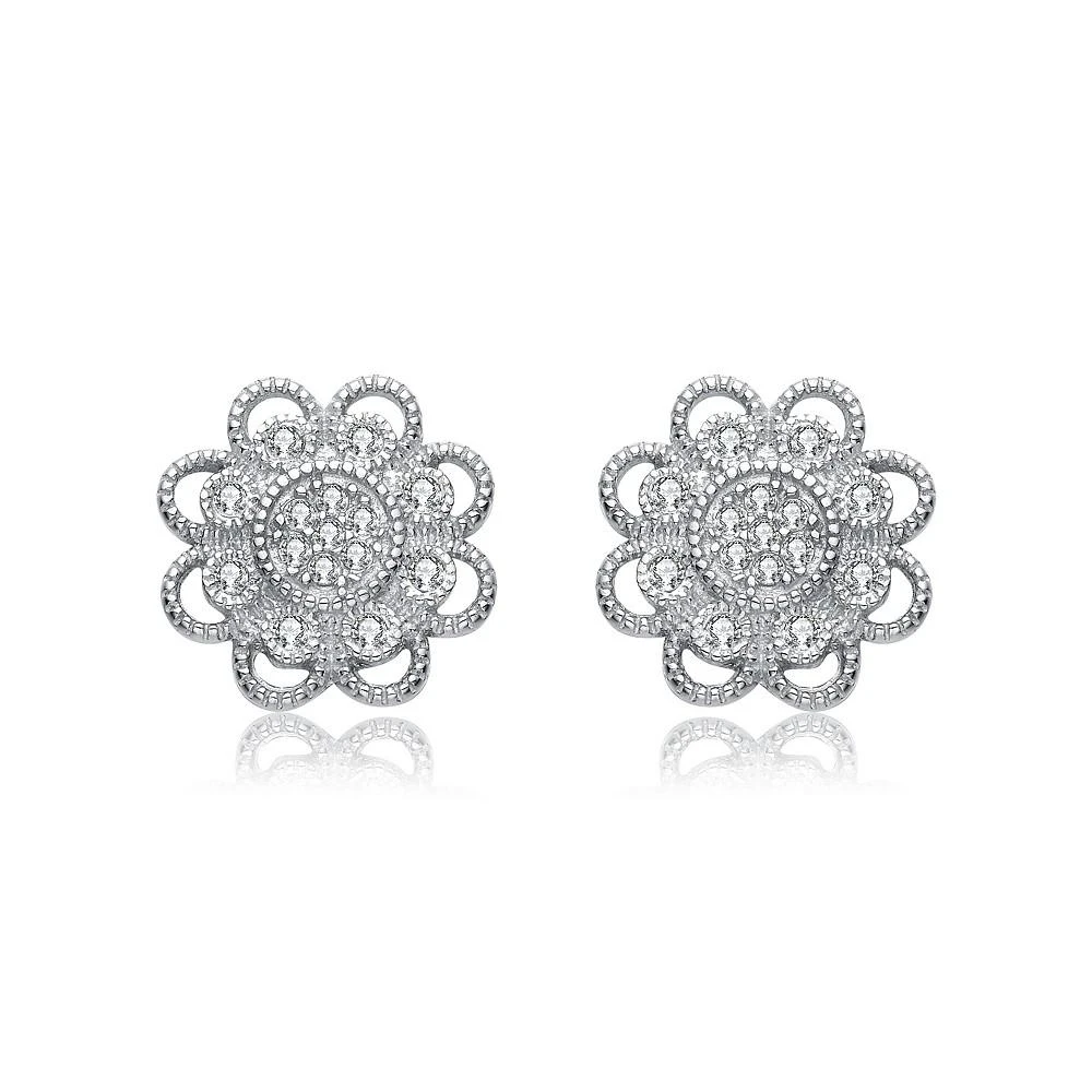 商品Genevive|Sterling Silver Cubic Zirconia White Gold Plated  Round Lace Design Earrings,价格¥536,第1张图片