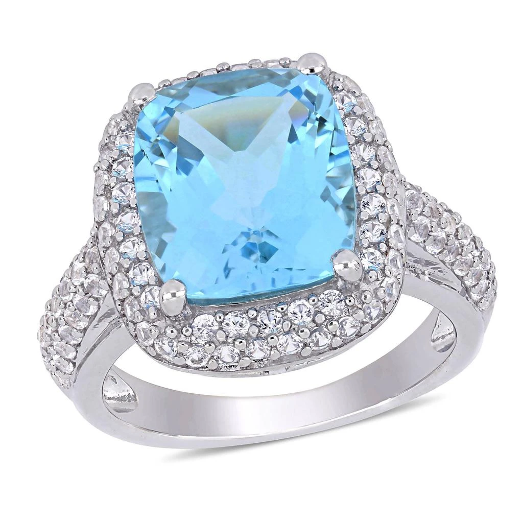 商品Mimi & Max|7 1/4ct TGW Cushion Cut Blue Topaz and Created White Sapphire Double Halo Ring in Sterling Silver,价格¥866,第1张图片
