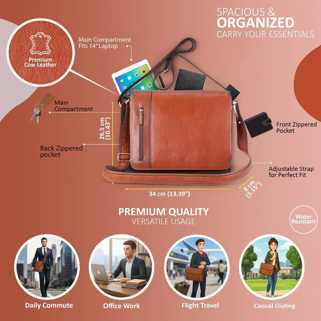 商品Infinity Leather|Genuine Leather Tan Laptop Satchel Messenger Shoulder Bag - Astor,价格¥1329,第2张图片详细描述