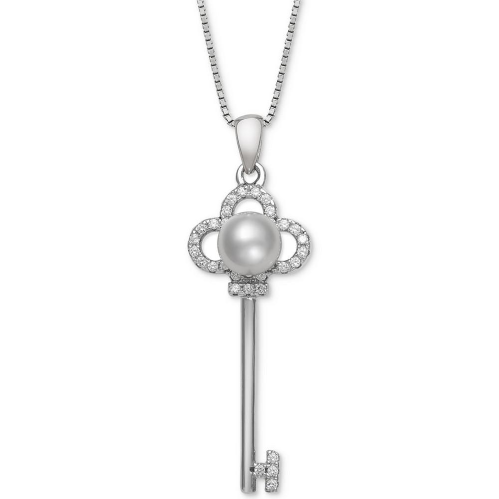 Cultured Freshwater Pearl (6mm) & Cubic Zirconia Clover Key 18" Pendant Necklace in Sterling Silver商品第1张图片规格展示