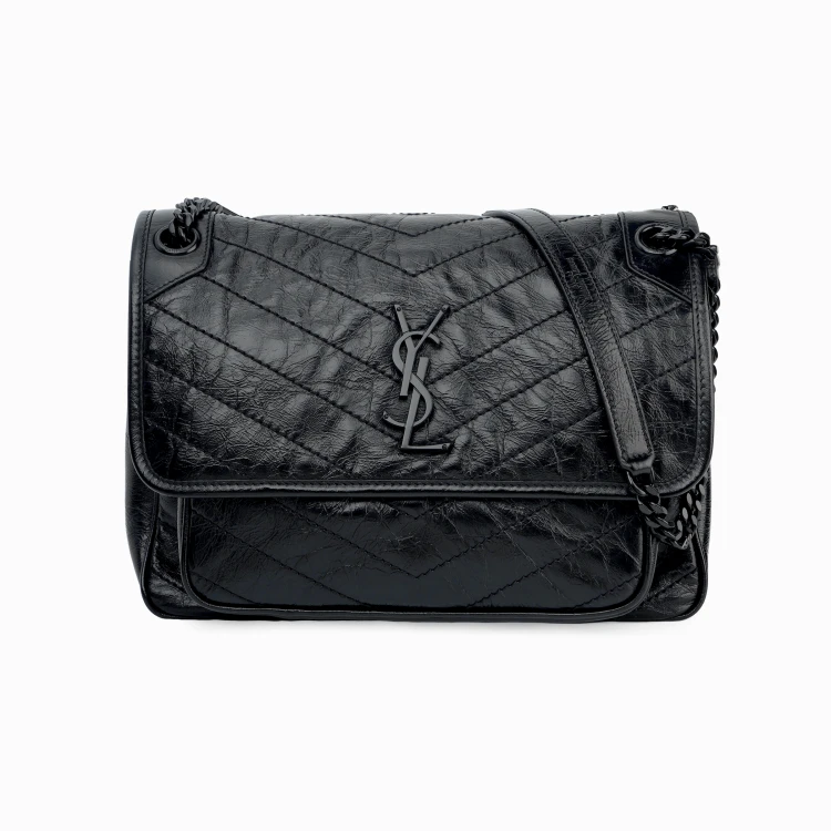 商品[国内直发] Yves Saint Laurent|圣罗兰 YSL Niki 黑链黑标Logo复古褶皱 牛皮革 流浪包斜挎单肩包 中号 女款 黑色,价格¥20634,第3张图片详细描述