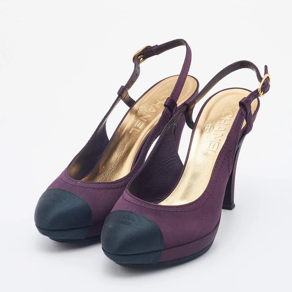 商品[二手商品] Chanel|Chanel Purple/Black Satin CC Cap Toe Slingbacks Sandals Size 38,价格¥1354,第2张图片详细描述
