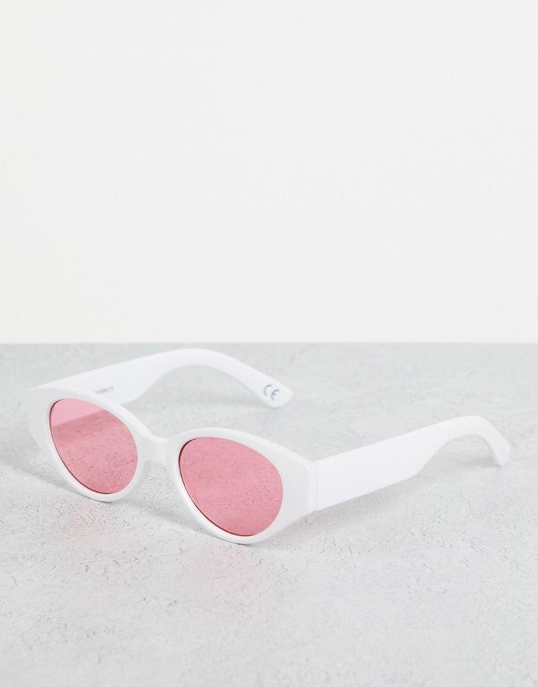 ASOS DESIGN retro oval sunglasses with pink lens in white - WHITE商品第1张图片规格展示